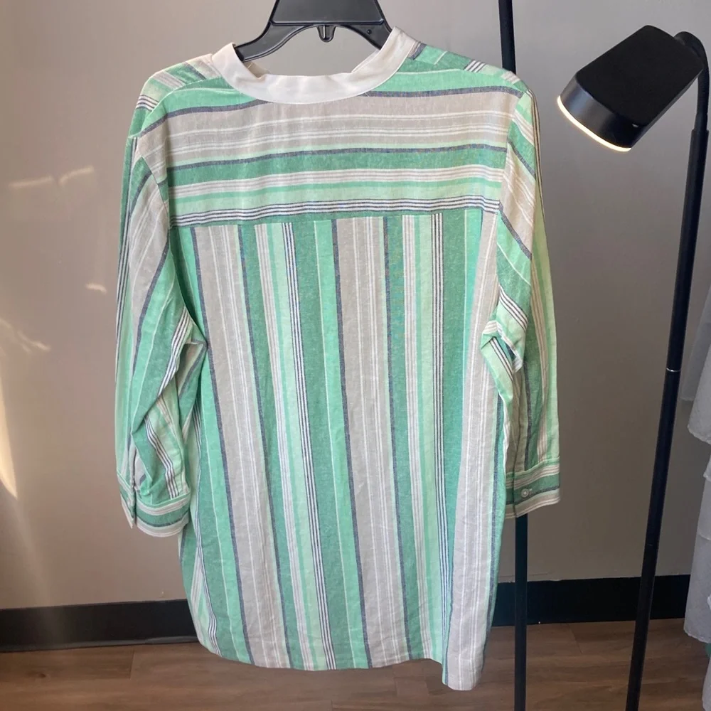 Kasper top print stripes pattern blouse linen blend career business casual L - Picture 15 of 17